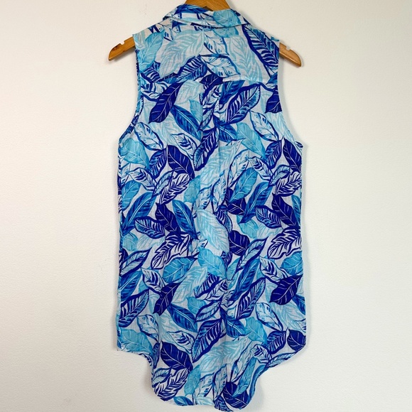 Sigrid Olsen Sleeveless Linen Tunic Top Short Dress ~Small~ Blue Leaves Tropical - Picture 2 of 13